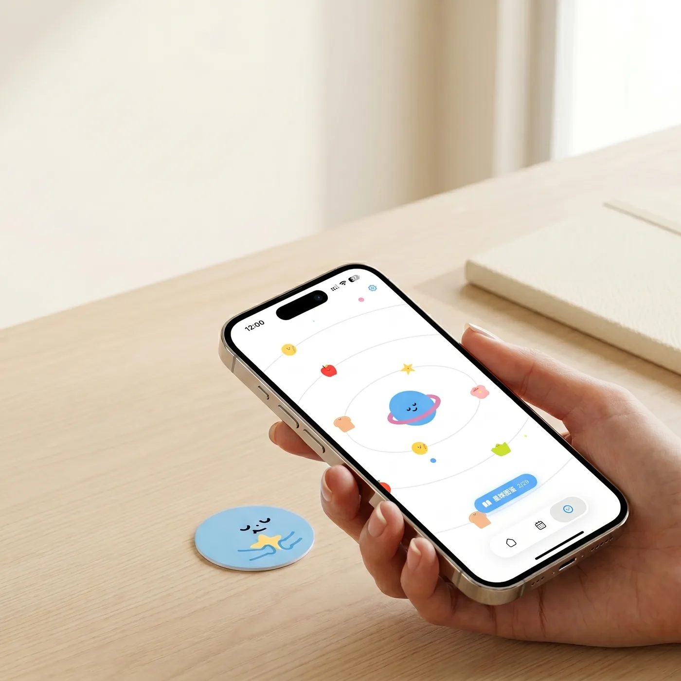 手持 iPhone 在桌面贴纸上轻碰